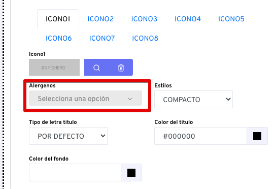 Configuración de alérgenos en opciones avanzadas